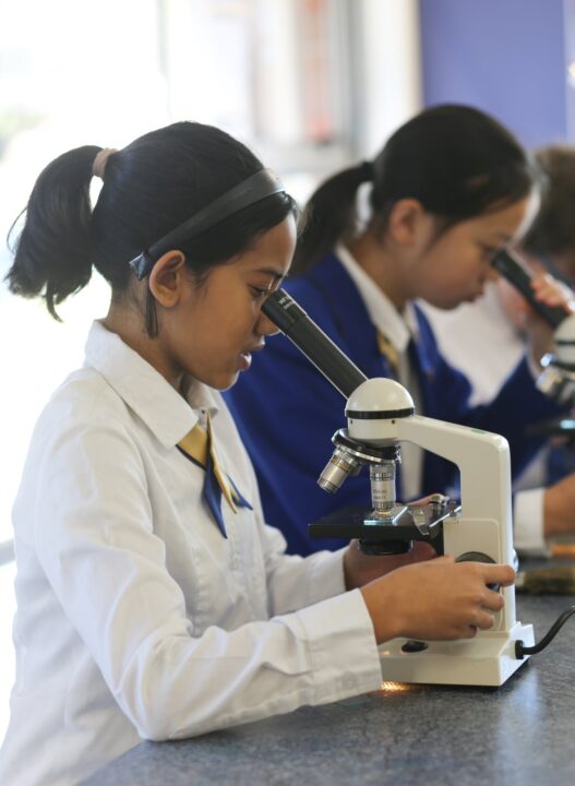 Female, intermediate school student looking into microscope.