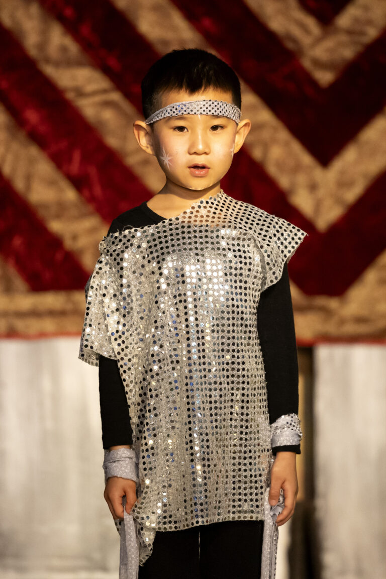 Young boy wearing silver