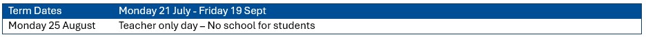 Table showing school term dates