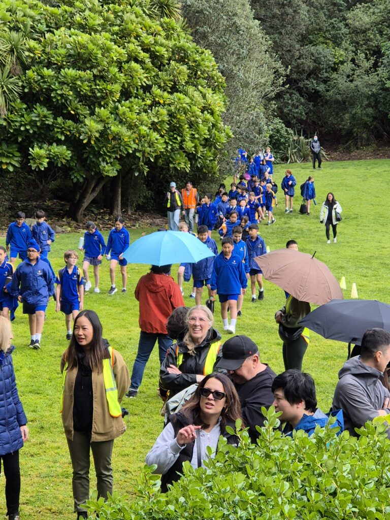 a group of people walking on a grass field with umbrellas