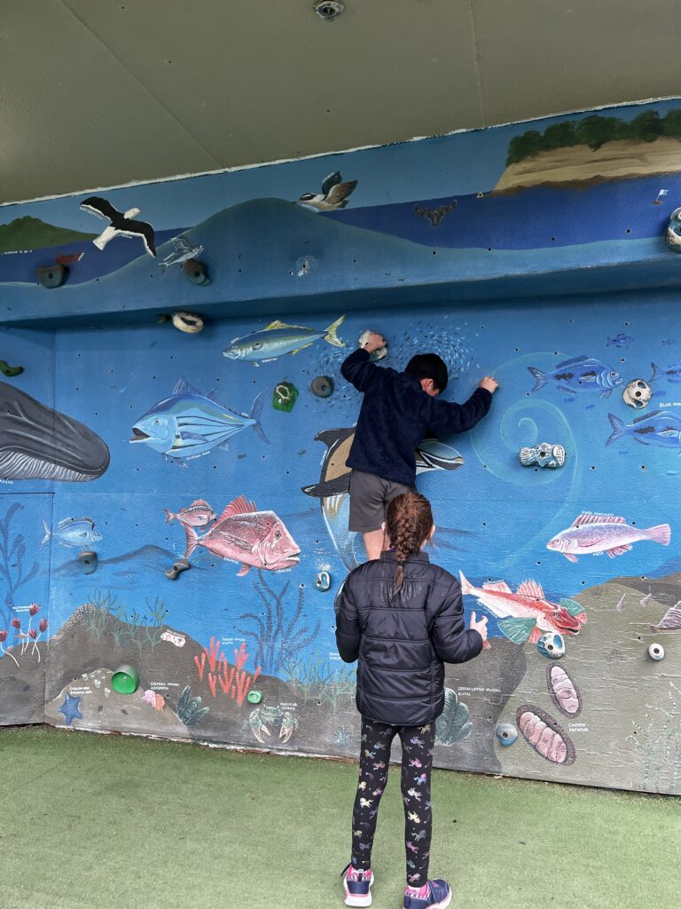a boy and girl climbing a wall