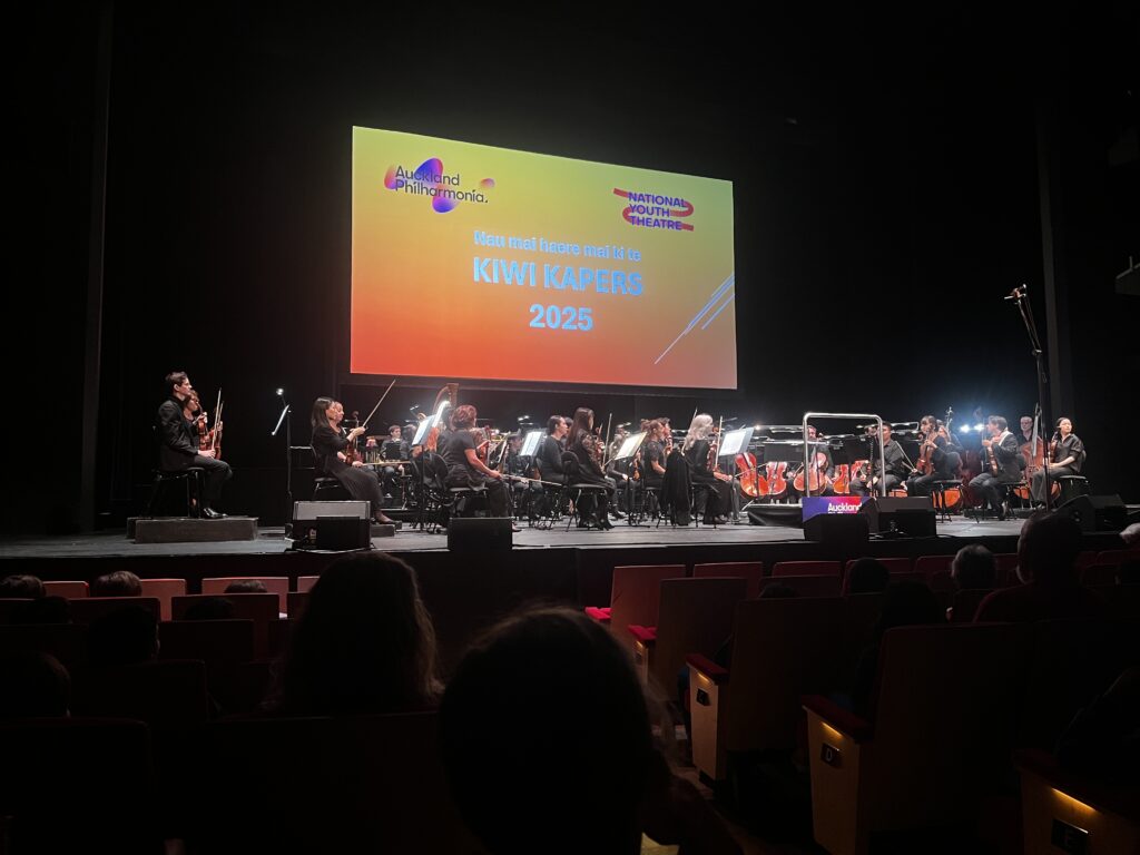An orchestra playing with a large projection screen above