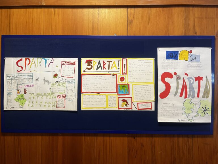 Student school work on a pinboard