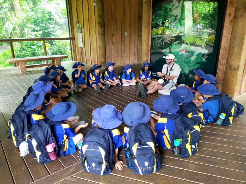 A group of school children with blue backpacks and hats sitting in a circle.