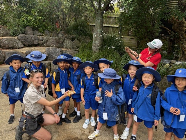 A group of schoolchildren standing with a woman holding a lizard