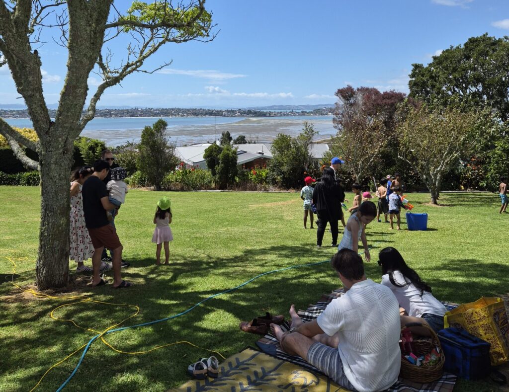 People sitting on a lawn with views of the ocean