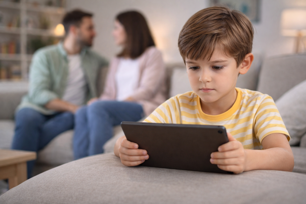 Young boy focused on tablet screen while parents talk in the background.