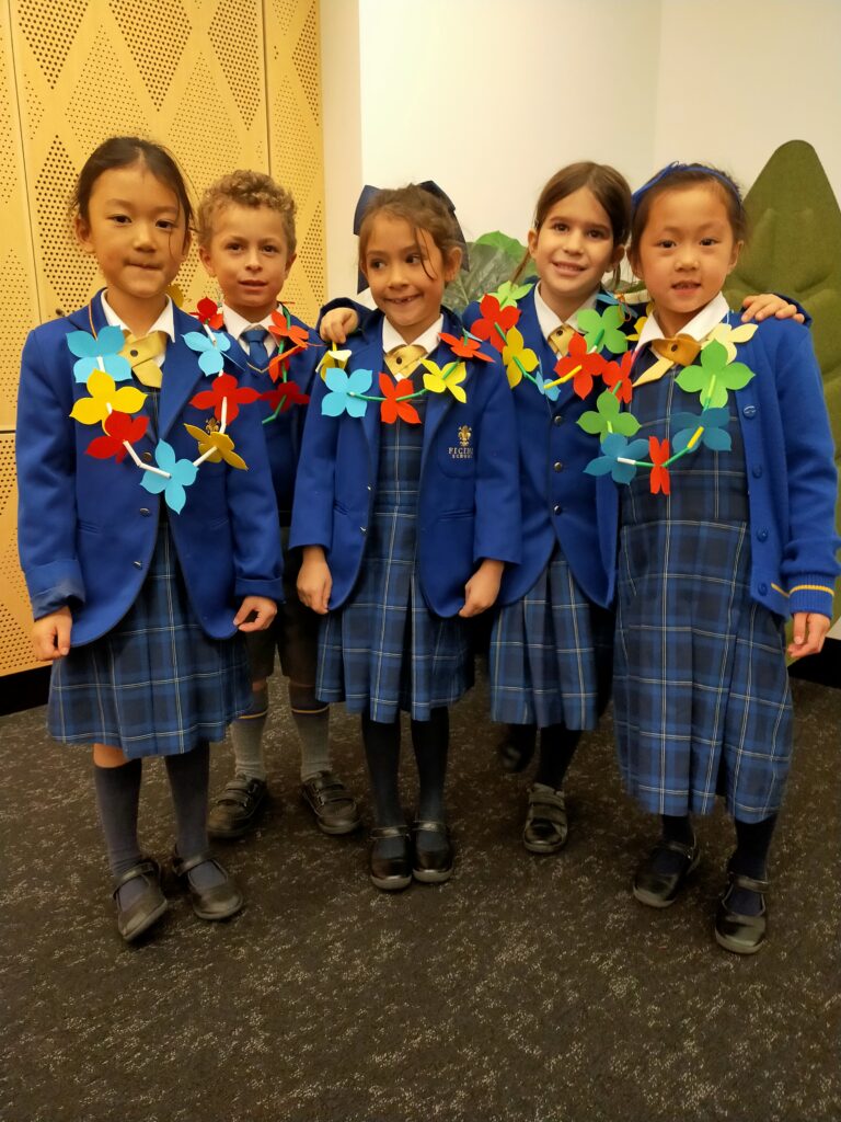 Schoolchildren wearing Polynesian leis